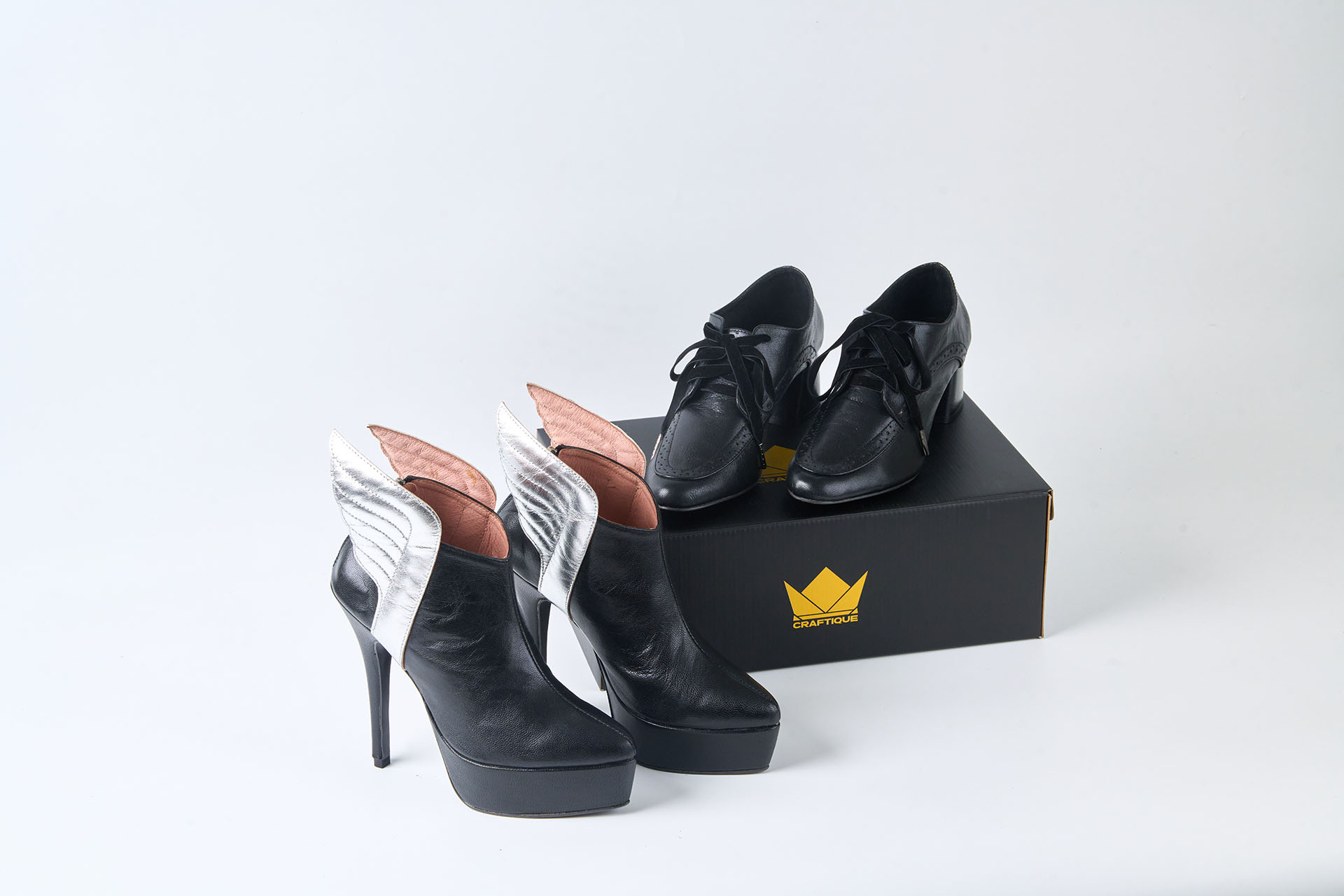 Black leather shoes, High heeled shoes